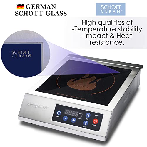  HangBERT Induction Cooktop 1800W NSF Certified Commercial Grade Durable Countertop Burner Pro Chef Professional 18/10 Stainless Steel Housing Schott Glass 10-Hour Timer