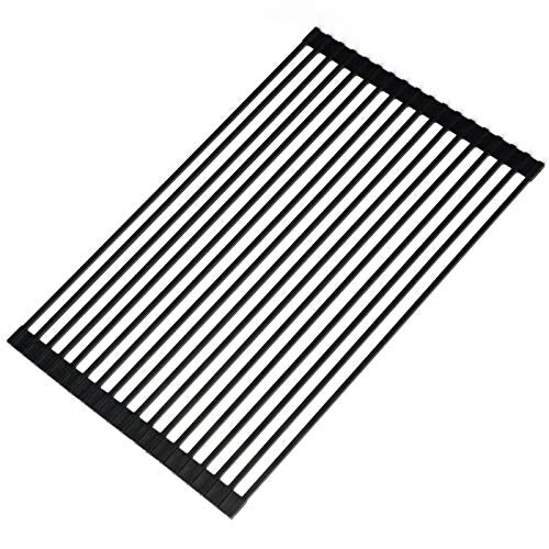  Large Roll Up Dish Drying Rack 20.5'' Silicone Over Sink Dish Drying Rack Cubic Silicone Wrapped Steel Solid Bars Dish Racks For Kitchen Counter Sink Drying Rack (Matte Black, Large20.5"Lx13"W)