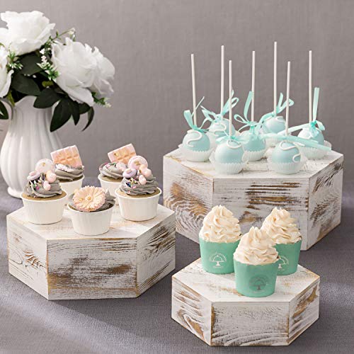  Shabby Whitewashed Wood Hexagonal Display Riser Stands For Cakes, Cupcakes, Desserts And Merchandise, Set Of 3