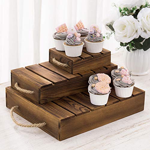  Burnt Wood Rustic Cake Stand Risers For Display, Wooden Pallets Style Tiered Dessert Stand, Cupcake Display Boxes With Rope Handles, Set Of 3