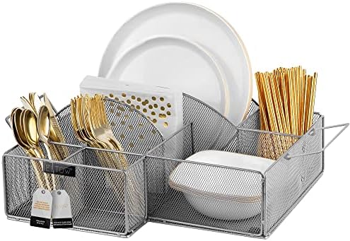  Countertop Silverware Caddy, 8 Compartment Paper Plate And Cutlery Caddy For Plates, Bowls, Forks, Spoons, Knives, Napkins, Perfect Flatware & Utensil Holder For Party, Picnic, Home, RV - Black