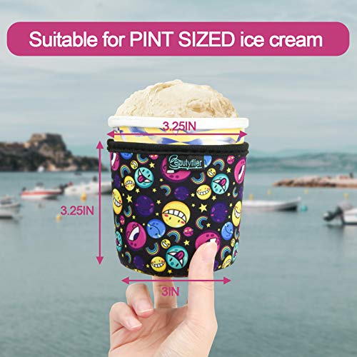  2-Pieces Pint Sized Ice Cream Cozy Thicken Neoprene Ice Cream Sleeves With Elastic Handle Cover (Cartoons)