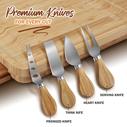  Large Charcuterie Board Set With 4x Cheese Knives, 2x Ceramic Bowls - 13x 13 Inch Bamboo Charcuterie Boards - Magnet Drawers - Bachelor Party Gift, Anniversary, Wedding Gifts For Couples - Wine It Now