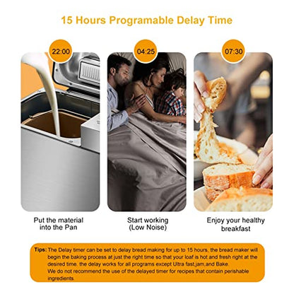  WOCOYOMBJ Bread Maker Stainless Steel Automatic Bread Making Machine 650W Programmable Bread Making Machine With 3 Bread Size Fruit Nut Dispensers (Size : UK)