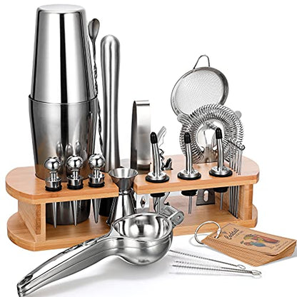  24-Piece Cocktail Shaker Bartender Kit With Stand, Boston Shaker, Mixing Spoon, Muddler, Measuring Jigger, Lemon Squeez, Tongs, Corkscrew, Liquor Pourers And More Professional Bar Tools