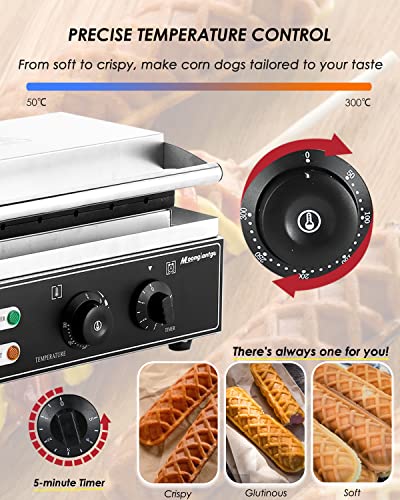  Commercial Corn Dog Waffle Maker Machine 6 PCS 1550W Hot Dog Cheese Stick Press Iron, 50-300℃ Temp Control, 5-min Timer French Muffin Cooker 110V