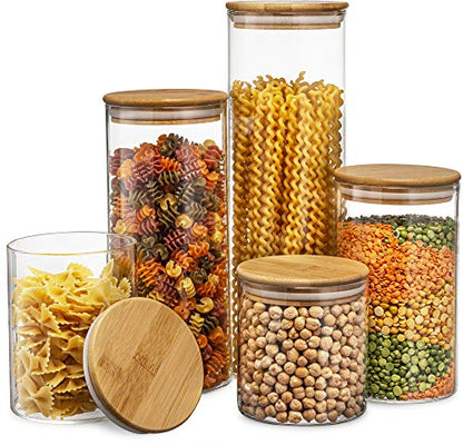 Sugar Packet Holder Canister Set Of 5, Glass Kitchen Canisters With Airtight Bamboo Lid, Glass Storage Jars For Kitchen, Bathroom And Pantry Organization Ideal For Flour, Sugar, Coffee, Cookie Jar, Candy, Snack And More