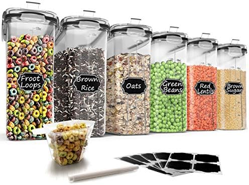  Cereal Storage Containers Set, Large BPA Free Plastic Airtight Food Storage Containers 4L /135.3oz For Cereal, Flour, Sugar, 6 Piece Set Cereal Dispensers With 20 Labels & Marker, Black