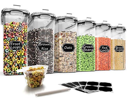  Cereal Storage Containers Set, Large BPA Free Plastic Airtight Food Storage Containers 4L /135.3oz For Cereal, Flour, Sugar, 6 Piece Set Cereal Dispensers With 20 Labels & Marker, Black