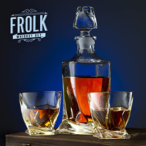  Whiskey Decanter And Stones Gift Set For Men - Whiskey Decanter, 2 Twisted Whiskey Glasses, 10 Stainless Steel Whisky Bullets, 2 Slate Coasters, Special Tongs & Freezer Pouch In Pinewood Gift Box