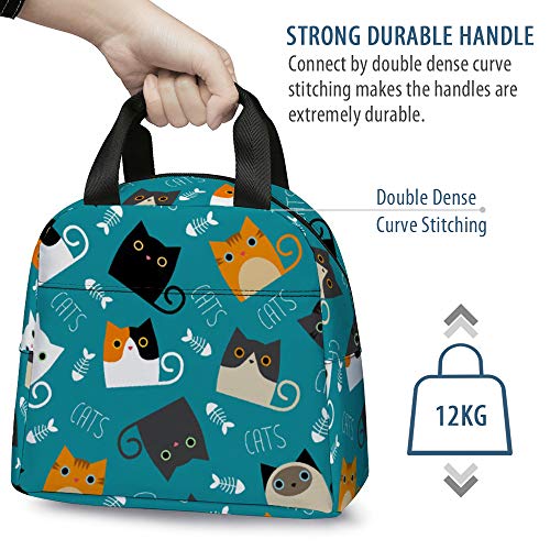  Lunch Bag, Cute Kids Reusable Cooler Lunch Tote Bag Insulated Leakproof Lunch Box Container With Front Pocket For Girls Boys School Work Picnic (Teal Cat)