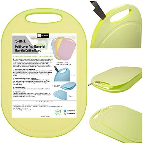  (5 Layers) Multi-Layer Non-Slip Cutting Board, Innovative 5 Layered Construction, 5 Kitchen Chopping Boards For Price Of 1, BPA Free, Non Porous, Dishwasher Safe, Juice Grooves (Blue)