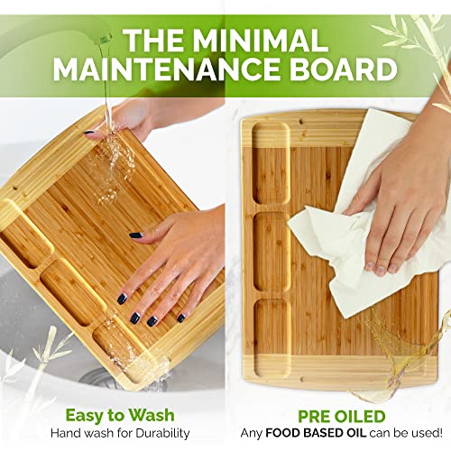  Organic Bamboo Cutting Board For Kitchen With Built-In Compartments And Juice Groove - Wooden Chopping Board For Meat, Cheese Charcuterie Board With Handles, (Medium And XL)