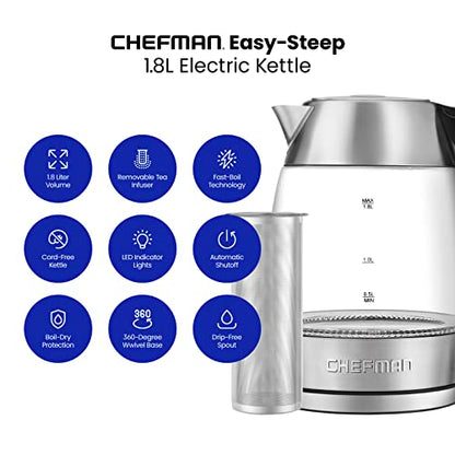  Electric Glass Kettle, Fast Boiling W/ LED Lights, Auto Shutoff & Boil Dry Protection, Cordless Pouring, BPA Free, Removable Tea Infuser, 1.8 Liters, Stainless Steel