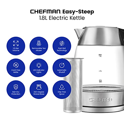  Electric Glass Kettle, Fast Boiling W/ LED Lights, Auto Shutoff & Boil Dry Protection, Cordless Pouring, BPA Free, Removable Tea Infuser, 1.8 Liters, Stainless Steel