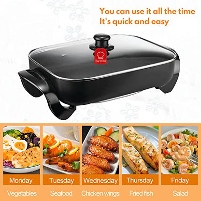  Black Electric Skillet With Tempered Glass Lid, 16 Inch, Non-Stick.