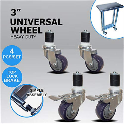  3" Casters For Stainless Steel Work Table | Wheels For Metal Prep Tables | Set Of 4