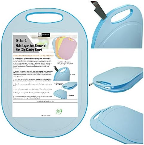  (5 Layers) Multi-Layer Non-Slip Cutting Board, Innovative 5 Layered Construction, 5 Kitchen Chopping Boards For Price Of 1, BPA Free, Non Porous, Dishwasher Safe, Juice Grooves (Blue)