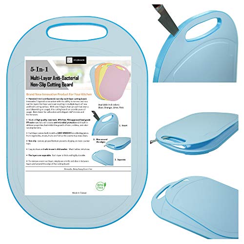  (5 Layers) Multi-Layer Non-Slip Cutting Board, Innovative 5 Layered Construction, 5 Kitchen Chopping Boards For Price Of 1, BPA Free, Non Porous, Dishwasher Safe, Juice Grooves (Blue)