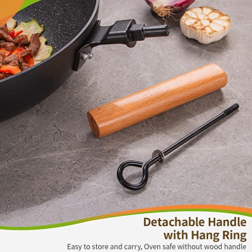 N/A Wok Stir Fry Pan With Lid, Nonstick Woks Pan 12 Inch, 100% PFOA-Free Coating, Non Stick Cooking Frying Pans With Detachable Wooden Handle, Induction Compatible, Black