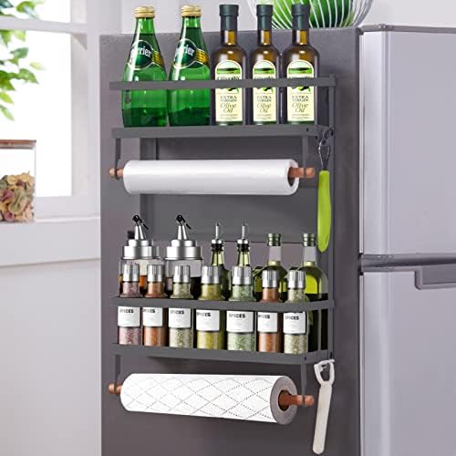  XIAPIA Magnetic Fridge Organizer Spice Rack With Paper Towel Holder And 5 Extra Hooks | 3 Tier Magnet Refrigerator Shelf In Kitchen Holds Up To 45 LBS | 16x12x4 Inch Black