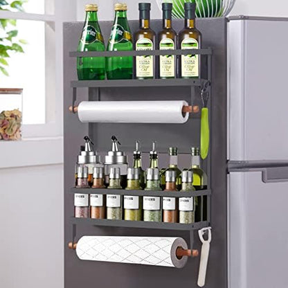  XIAPIA Magnetic Fridge Organizer Spice Rack With Paper Towel Holder And 5 Extra Hooks | 3 Tier Magnet Refrigerator Shelf In Kitchen Holds Up To 45 LBS | 16x12x4 Inch Black
