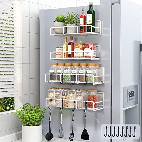  Lunememo Magnetic Spice Rack For Refrigerator, 4 Pack Magnetic Fridge Shelf With 8 Hooks, Strong Magnet & No Drilling, Black