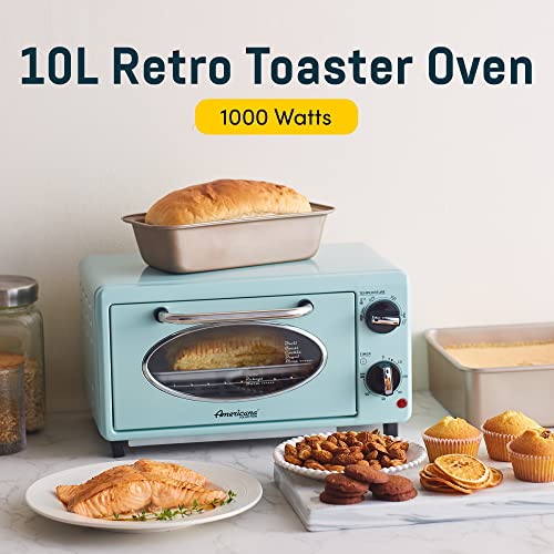  By Maximatic Americana Collection ETO147M Diner 50’s Retro Countertop Toaster Oven, Bake, Toast, Fits 8” Pizza, Temperature Control & Adjustable 60-Minute Timer 1000W, 2 Slice, Mint