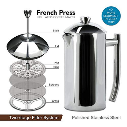  Double-Walled Stainless-Steel French Press Coffee Maker, Polished, 17 Ounces