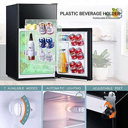  Mini Fridge With Freezer, 3.1 Cu.Ft Refrigerator 2 Doors, Unique Shelf Design, With LED Light, Adjustable Control Thermostat, Small Refrigerator For Bedroom, Office, Dorm, Garage, Black - ‎HPBFR310
