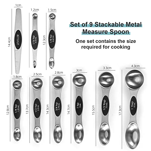  Measuring Spoons 9 Set, Stainless Steel Teaspoon Magnetic Measure Spoons, Dual Sided Kitchen Gadgets Fits In Spice Jars, Black