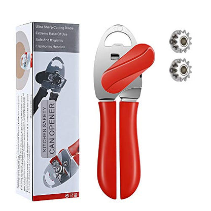  Can Opener Manual 4 In 1, Handheld Can Opener Bottle Opener Safe Cut And Smooth Edge With Ergonomic Grip Large Turn Knob Great For Seniors With Arthritis (Red)