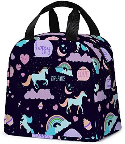  Unicorn Lunch Bag For Girls, Reusable Cute Unicorn Lunch Box Insulated Lunch Tote Bag With Front Pocket For School Kids Teen Girls (Dark Purple)