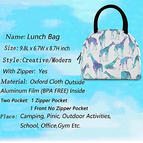  Abstract Giraffes Pattern Reusable Lunch Tote Bag With Front Pocket Zipper Closure Insulated Thermal Cooler Container Bag For Man Women Work Picnic Travel Beach Fishing
