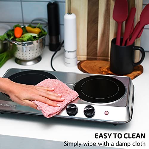  Vente Electric Double Infrared Burner 7.75 & 6.75 Inch Ceramic Glass Hot Plate Cooktop, 1700W Portable Countertop Stove With Temperature Control & Easy To Clean Stainless Steel Base, Silver BGI102S