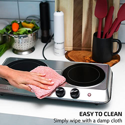  Vente Electric Double Infrared Burner 7.75 & 6.75 Inch Ceramic Glass Hot Plate Cooktop, 1700W Portable Countertop Stove With Temperature Control & Easy To Clean Stainless Steel Base, Silver BGI102S