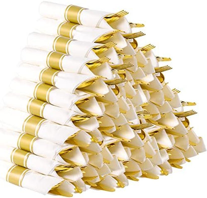  Pre Rolled Napkin And Cutlery Set - 120 Pack Gold Disposable Silverware Include 120 Forks, 120 Knives, 120 Spoons, 120 Napkins For Parties, Weddings And Catering EventsGold 120Pcs)