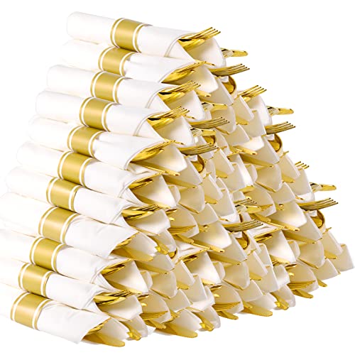  Pre Rolled Napkin And Cutlery Set - 120 Pack Gold Disposable Silverware Include 120 Forks, 120 Knives, 120 Spoons, 120 Napkins For Parties, Weddings And Catering EventsGold 120Pcs)