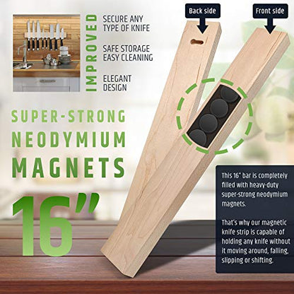  Premium 16 Inch Maple Wood Magnetic Knife Holder – Professional Wooden Magnetic Knife Strip - Space-Saving Knife Rack/Knife Bar With Powerful Magnetic Pull Force (Upgraded Version)