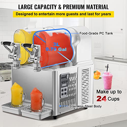  VEVOR Commercial Slushy Machine, 3Lx2/0.8x2 Gal Food-Grade PC Tanks, 340W 110V, Stainless Steel Smoothie Frozen Drink Maker, Slushie Machine For Supermarkets Cafes Restaurants Bars, White