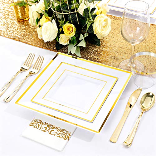  50 Guest Gold Plastic Plates With Disposable Cutlery& Gold Plastic Cups-Square Plastic Plates-Gold Plastic Utensils Set And Napkins For Wedding& Parties