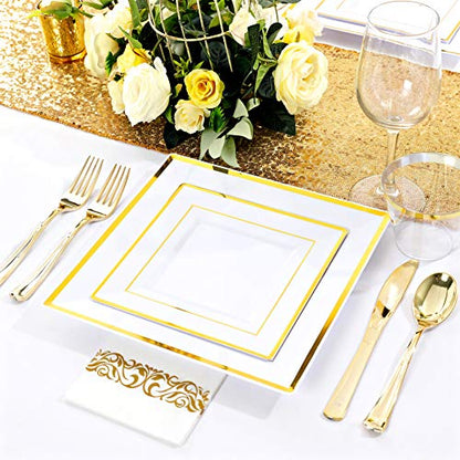  50 Guest Gold Plastic Plates With Disposable Cutlery& Gold Plastic Cups-Square Plastic Plates-Gold Plastic Utensils Set And Napkins For Wedding& Parties