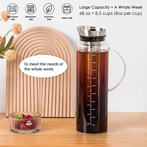  Cold Brew Coffee Iced Tea Maker & Fruit Pitcher - Large Capacity 68 Ounces - With Durable Glass Carafe/Fine Mesh Steel Infuser/Airtight Lid