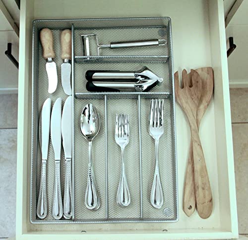  Mesh Large Cutlery Tray With Foam Feet - 6 Compartments - Kitchen Organization/Silverware Storage Utensil Flatware Tray