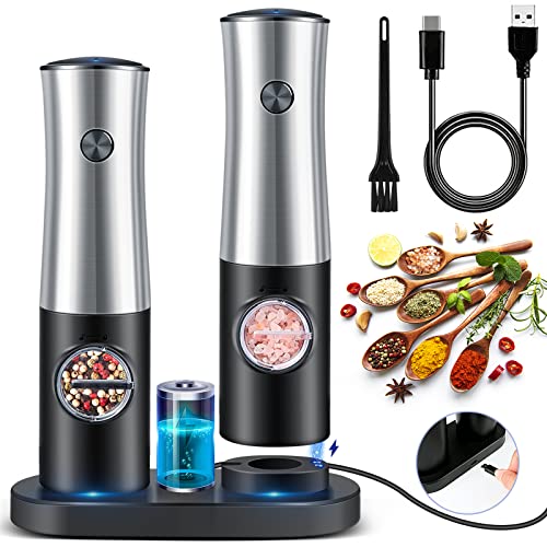  Electric Salt And Pepper Grinder Set, Automatic Salt & Pepper Mill Refillable With USB Rechargeable Base, 5 Adjustable Coarseness One Hand Operation, LED Light