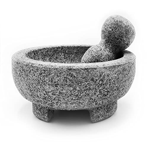  Granite Mortar And Pestle Set Guacamole Bowl Molcajete 8 Inch - Natural Stone Grinder For Spices, Seasonings, Pastes, Pestos And Guacamole - Extra Bonus Avocado Tool Included