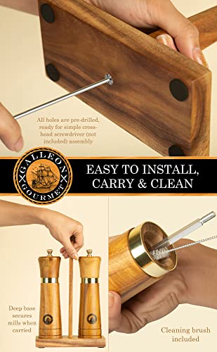  Wooden Salt And Pepper Grinder Set: Easy-Carry Stand, Refilling Funnel And Cleaning Brush: 8 Inch Acacia Wood Salt And Pepper Mills