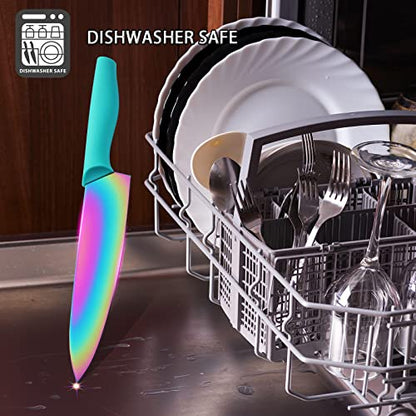  DISHWASHER SAFE Kitchen Knife Set, Marco Almond® KYA37 12-Piece Rainbow Titanium Stainless Steel Boxed Knives Set For Kitchen With Sheath, 6 Knives With 6 Blade Guards, Teal