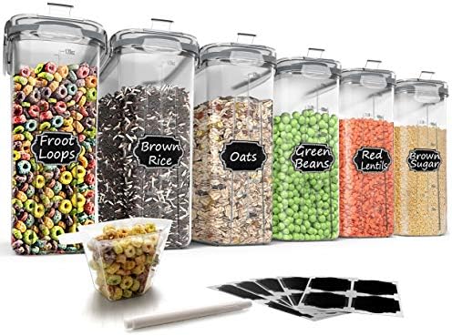  Cereal Storage Containers Set, Large BPA Free Plastic Airtight Food Storage Containers 4L /135.3oz For Cereal, Flour, Sugar, 6 Piece Set Cereal Dispensers With 20 Labels & Marker, Black