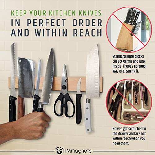  Premium 16 Inch Maple Wood Magnetic Knife Holder – Professional Wooden Magnetic Knife Strip - Space-Saving Knife Rack/Knife Bar With Powerful Magnetic Pull Force (Upgraded Version)